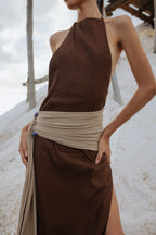 Espresso Linen Halter Maxi Dress Brown