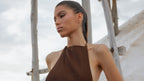 Espresso Linen Halter Maxi Dress Brown