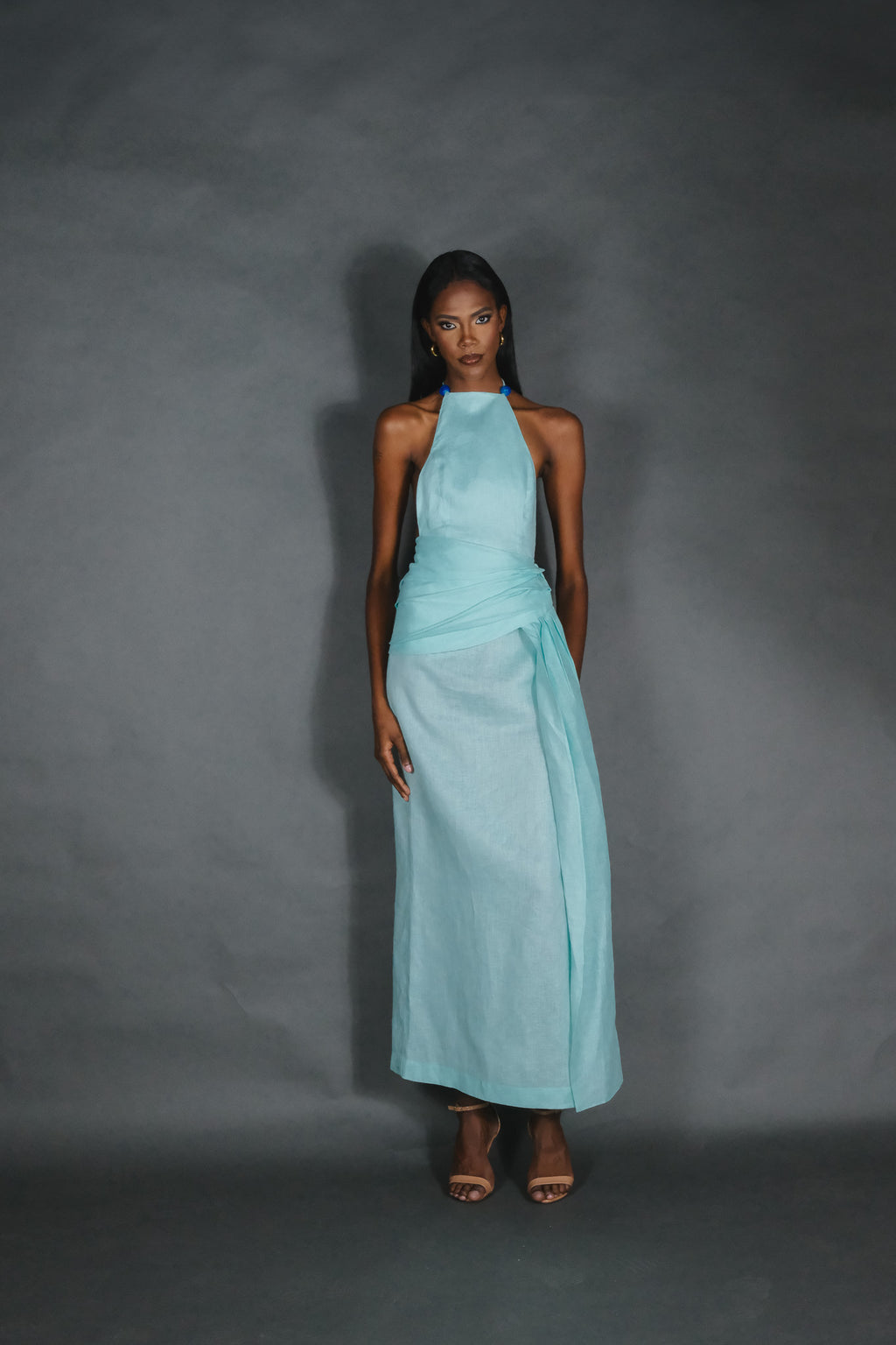 Halter Beaded & Draped Maxi Dress