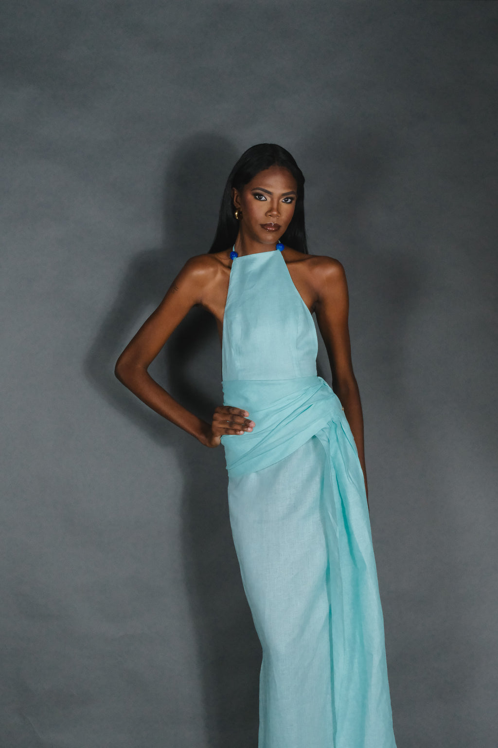 Halter Beaded & Draped Maxi Dress