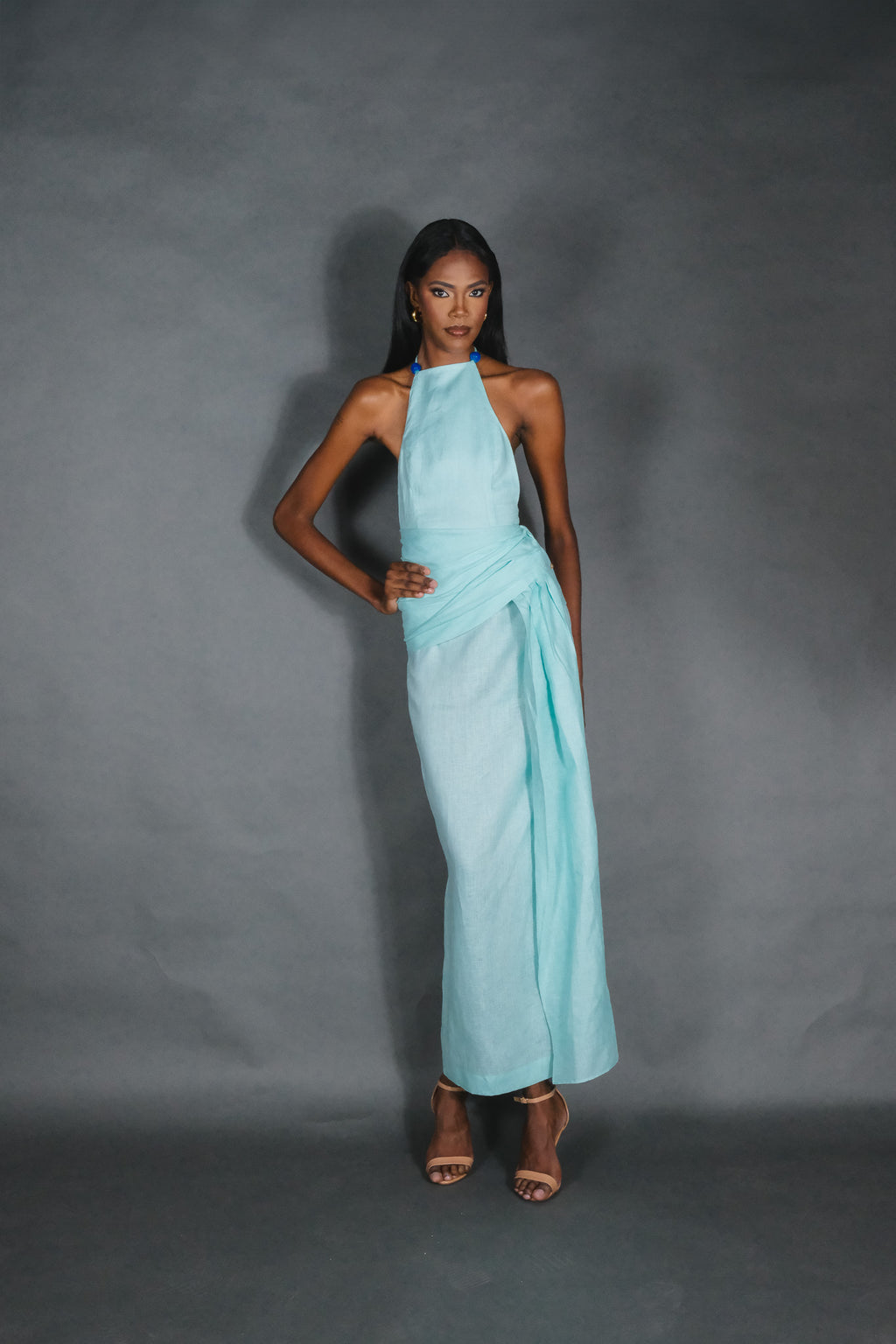 Halter Beaded & Draped Maxi Dress