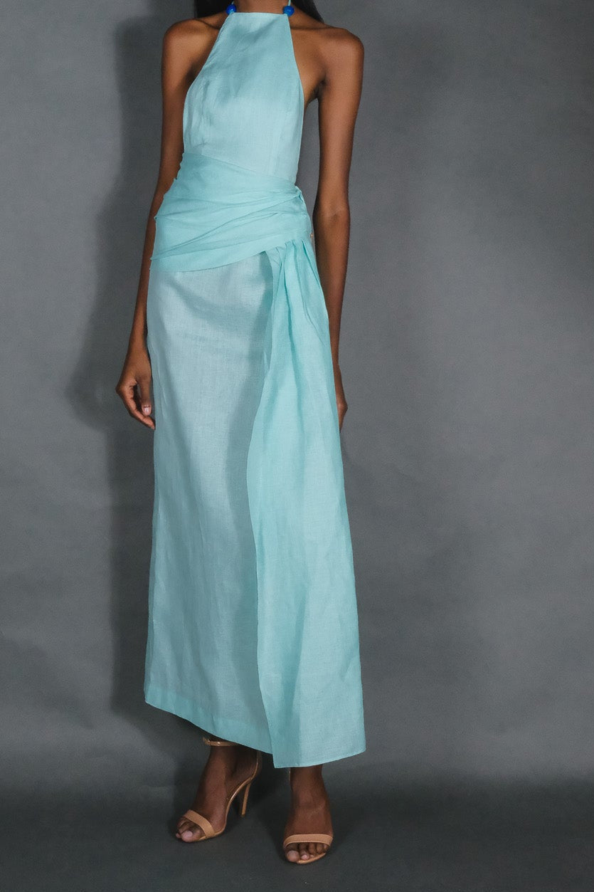 Halter Beaded & Draped Maxi Dress