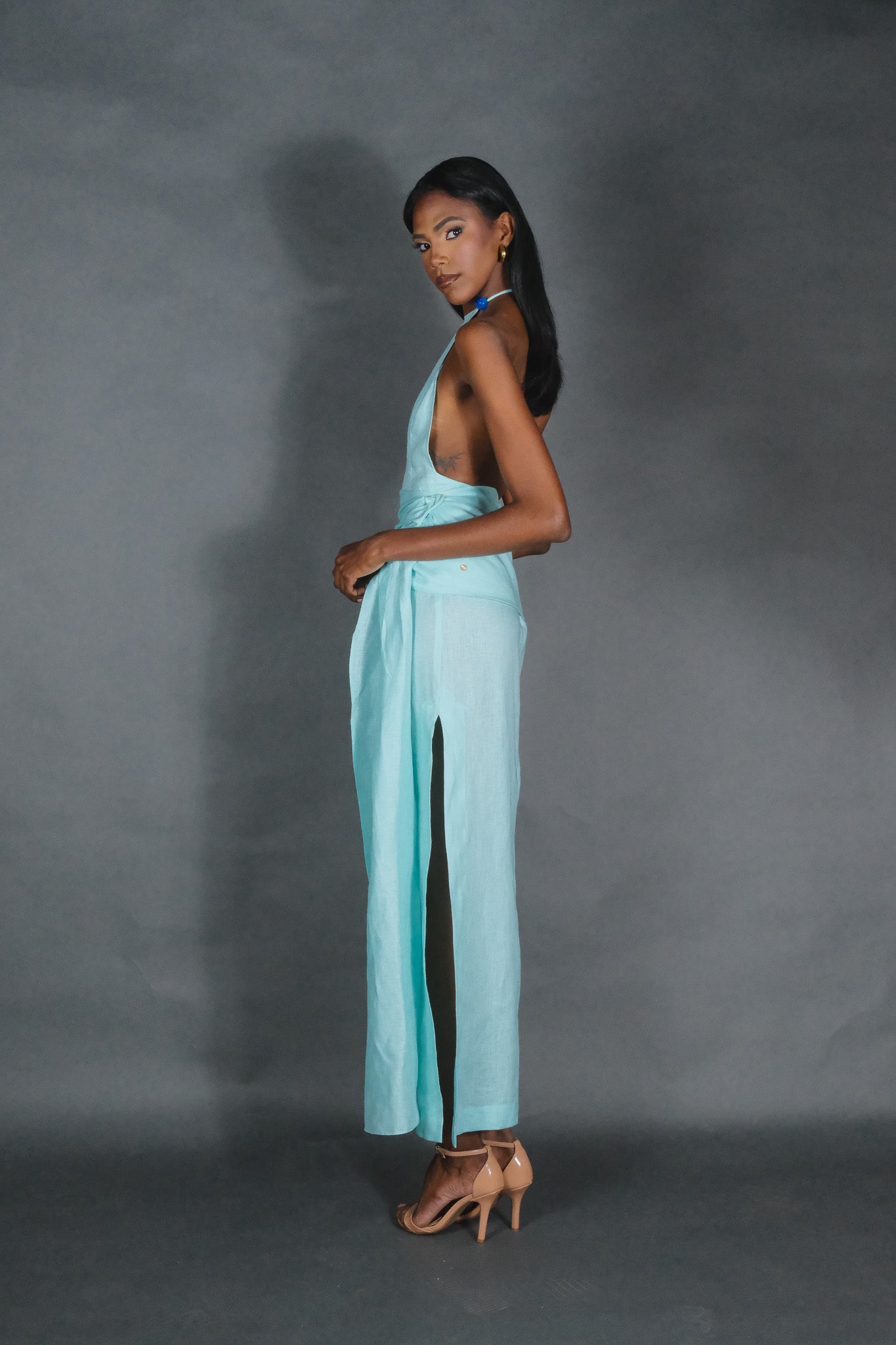 Halter Beaded & Draped Maxi Dress