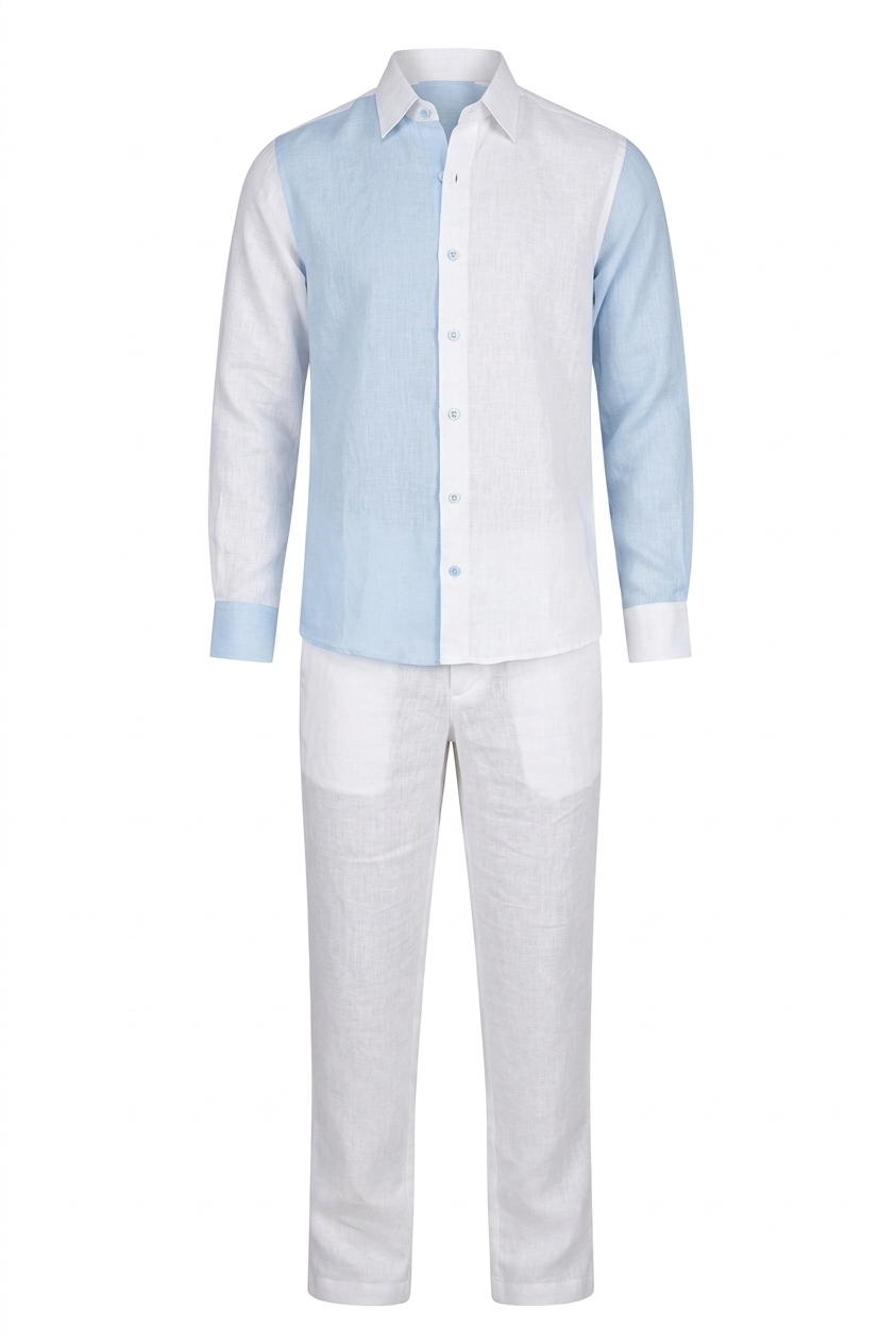 Two Toned Color Block Linen Long Sleeve Shirt
