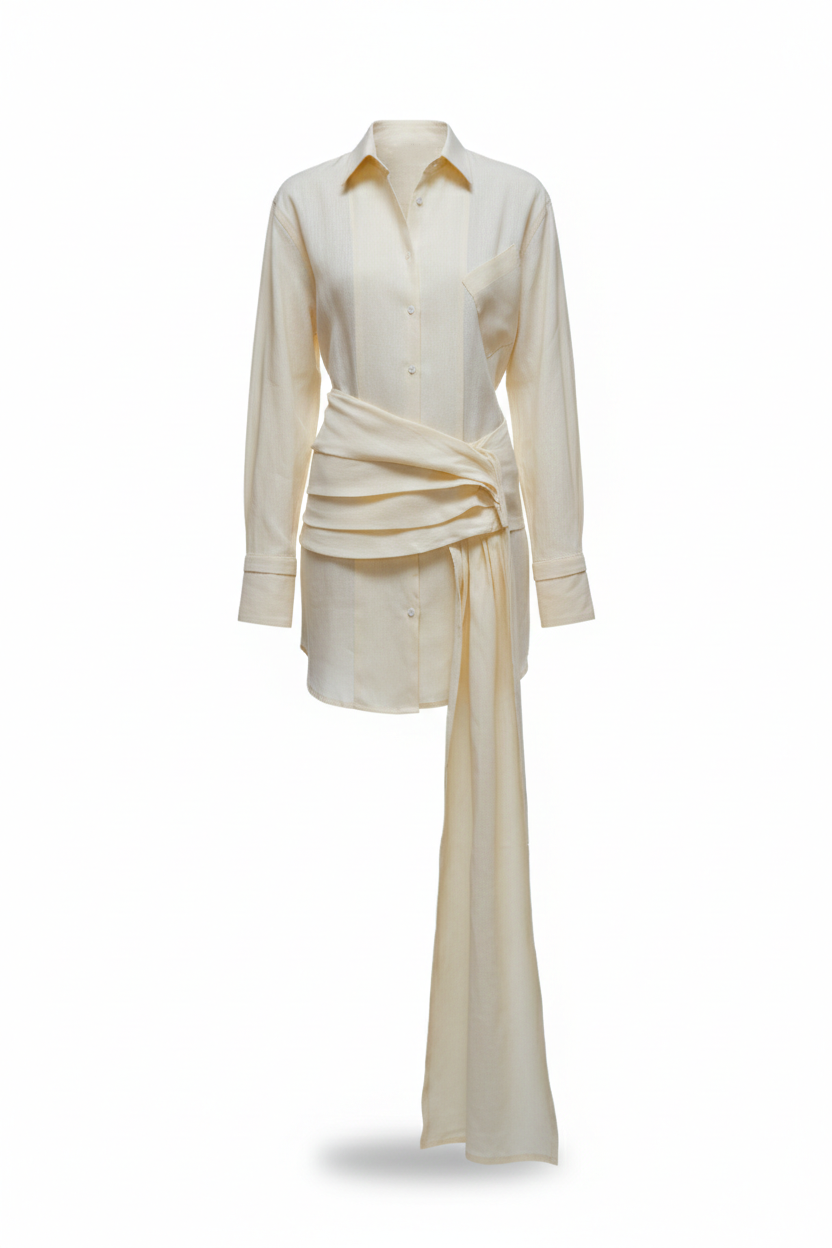 Tulip Linen Dress Shirt with Drapped Belt