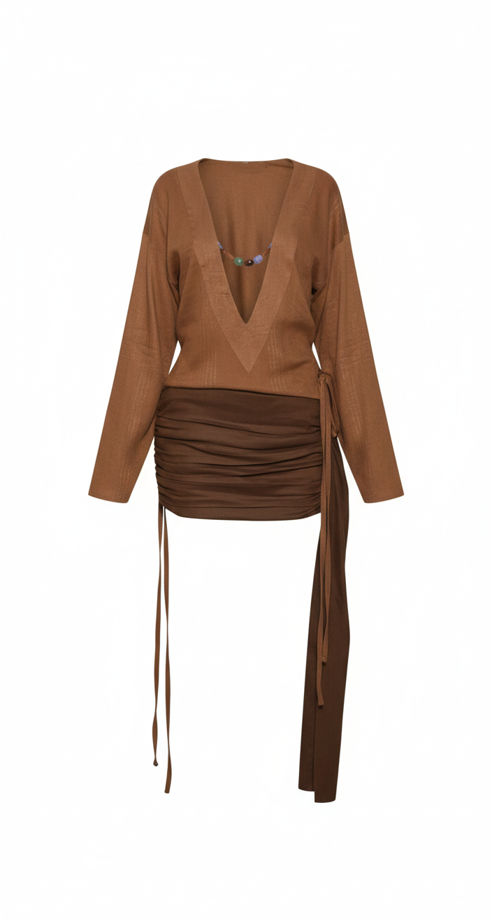 Eivisa Brown Draped Boho Mini Dress