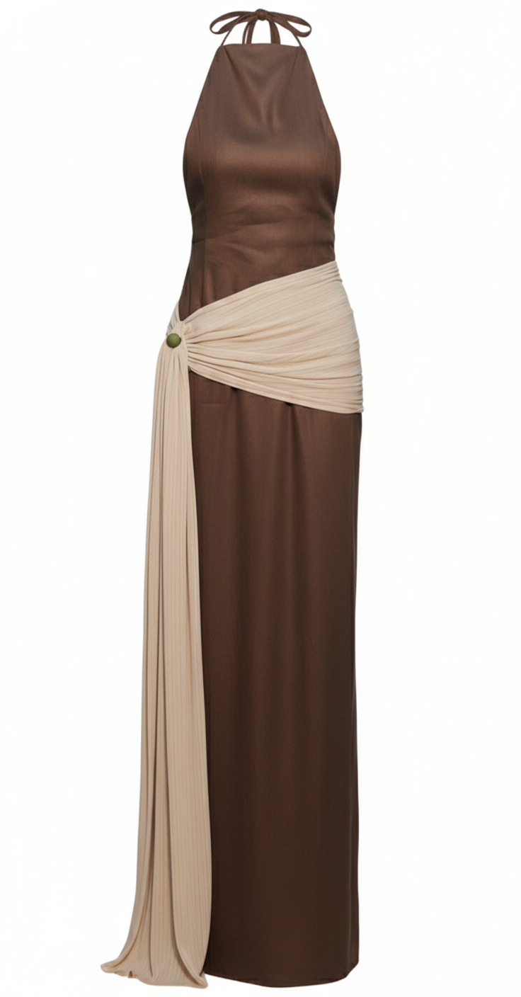 Espresso Linen Halter Maxi Dress Brown