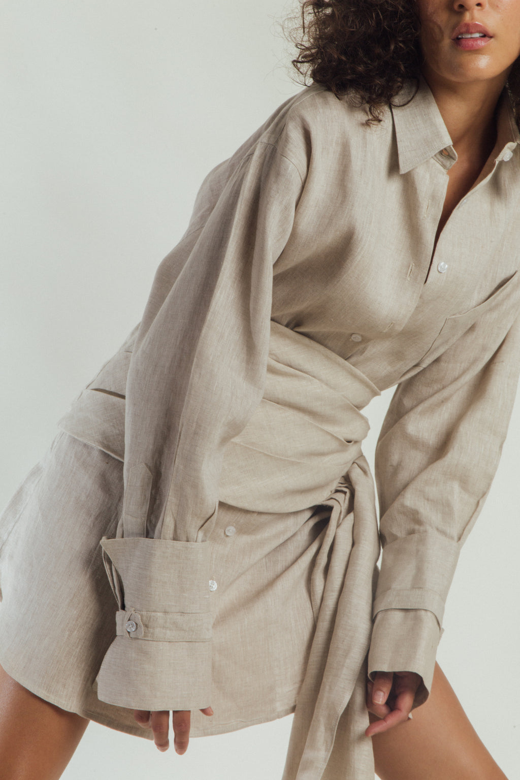 Tulip Linen Dress Shirt with Drapped Belt