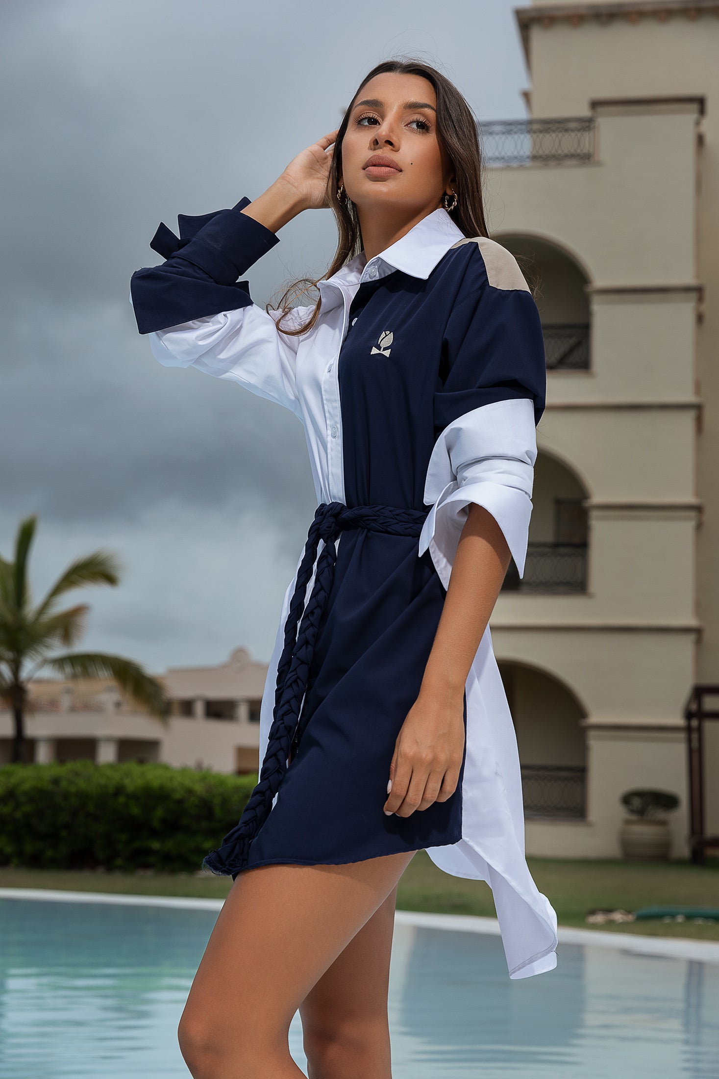 Navy, beige & white Tulip Dress-JC Lagares official website | JCL.